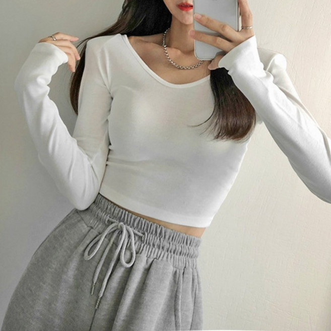 마이쏭 슬림어깨패드브이넥크롭티 무지티 데일리룩 여성스러운