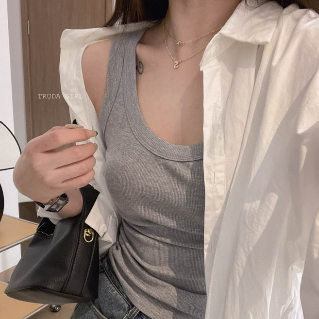 《杜達女孩》韓社百搭螺紋彈力U領背心 - 彈力舒適、簡約百搭、性感U領