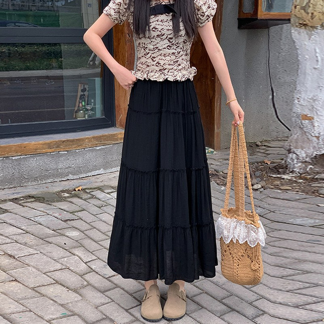 【溫柔顯瘦】半身裙 蛋糕裙 高腰裙 百褶裙 中長裙 韓系溫柔風 白色 鬆緊腰 A字版型 春秋新款 日常通勤約會