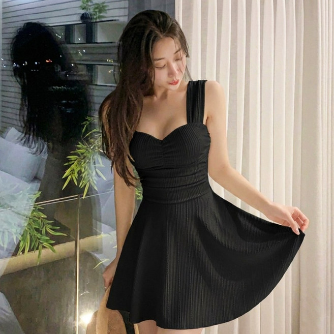 떳다그녀 샌디쉬 셔링 끈백 크로스 이너팬티 원피스 수영복 투피스 슬림핏 플레어 스커트 모노키니 세트, 블랙