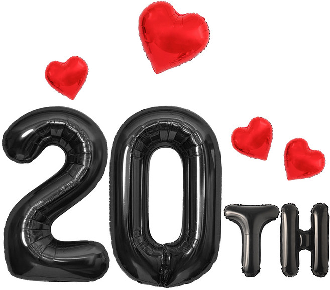 해피제이니 특별한 기념일 파티 초대형 블랙숫자 하트 호일풍선 파티용품 세트, 1세트, 블랙 20년