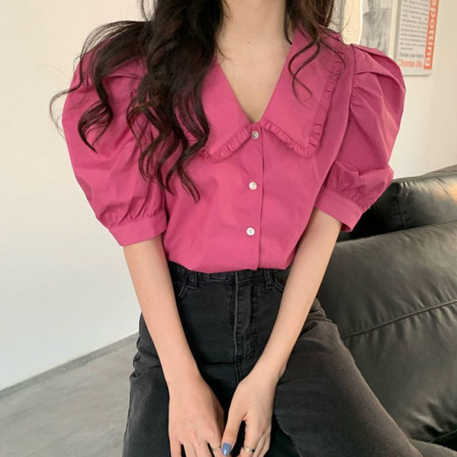 해피유통 여성용 퍼프소매 버튼 블라우스 코디룩