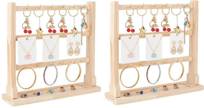 NBEADS 나무 키체인 디스플레이 스탠드 2세트 3단 나무 주얼리 디스플레이 랙 귀걸이 주얼리 열쇠고리 벤더 가정 및 소매점용 18개의 라이트 골드 톤 아이언 후크, NBEADS 나무 키체인 디스플레이 스탠드 2세트, 3