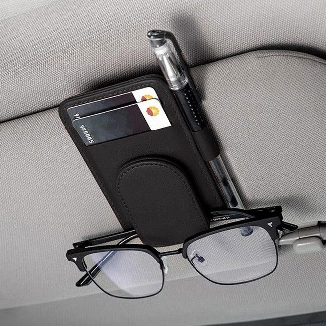 투데이리빙 차량용 선글라스 클립 카드 포켓 차량 안경 썬글라스 보관 선바이저 고정 걸이 거치대 홀더 가죽 소재 스크래치 방지, R98692B(블랙, 1개