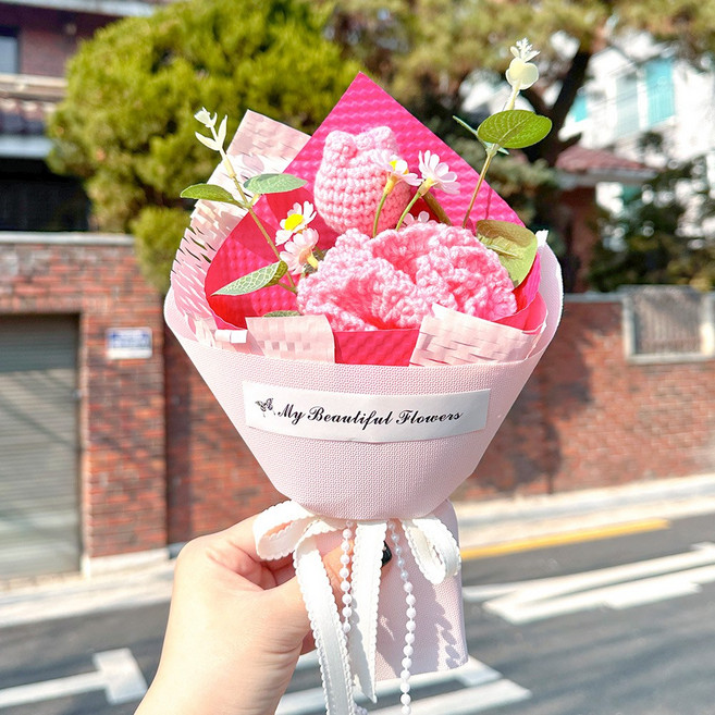 니트꽃다발 완제품 스승의날 어버이날 선물 조화 니트꽃송이 뜨개꽃다발 카네이션 장미, 1개, h.핑크 튤립(중형)