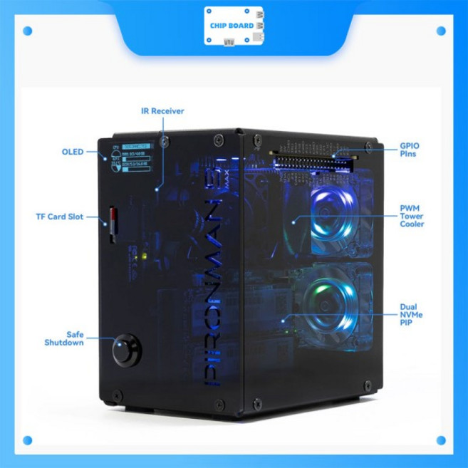 호환 라즈베리 파이 5용 Pironman 5-Max 타워 PC 케이스에는 듀얼 M.2 PCIe 소켓 프로그래밍 가능한 RGB LE