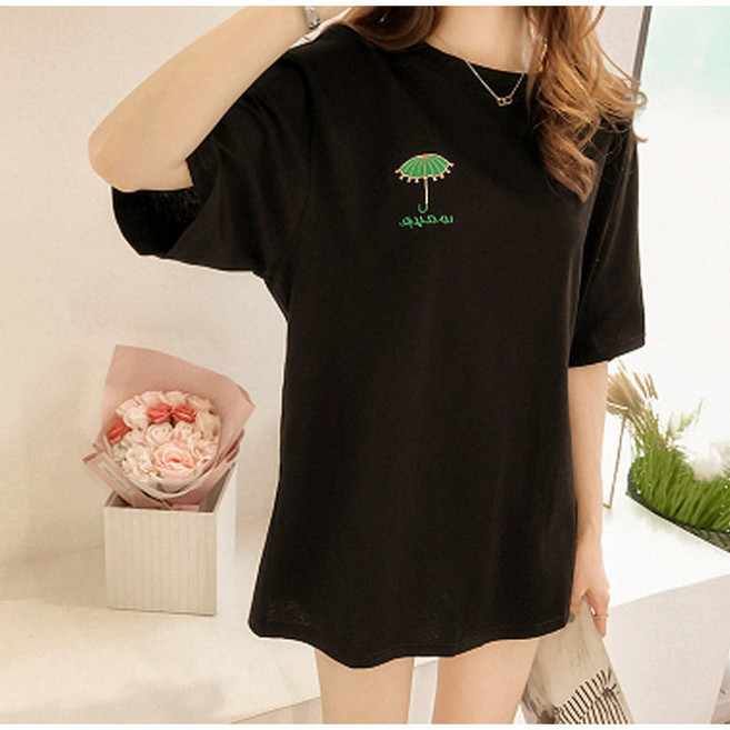 中長款女生T恤 刺繡雨傘圖案圓領短袖上衣