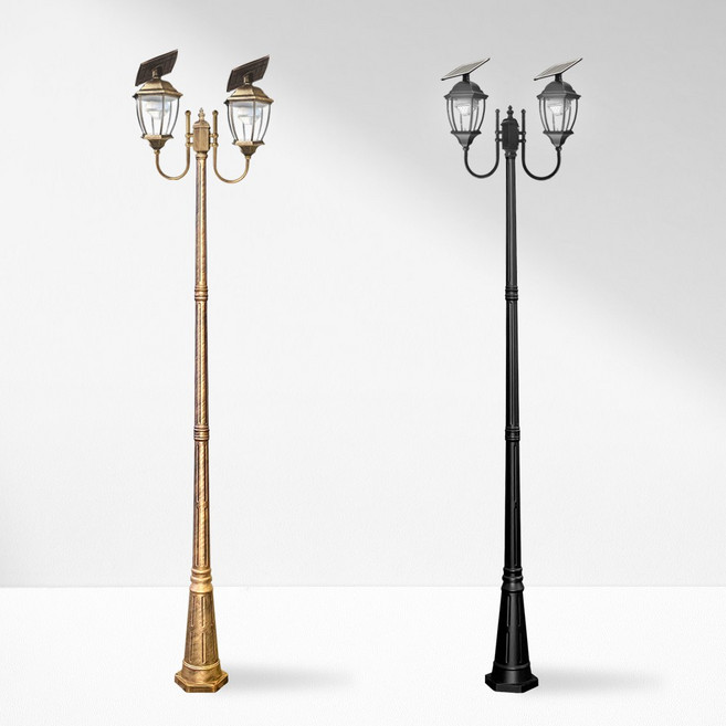 나눔조명 태양광 가로등 엔틱 태양열 조명 LED 정원등, 2구 곡면 육각등, 2.6m, 검정색(흰빛)