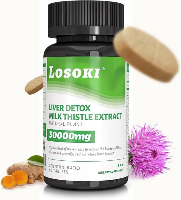 Losoki 밀크 씨슬 실리마린 아티초크 추출물 및 강황이 함유된 간 지원 보충제 - 간 기능 향상 및 소화 건강 증진 - 60정, Losoki 밀크 씨슬 실리마린, 아티초크 추출물 및, 1개