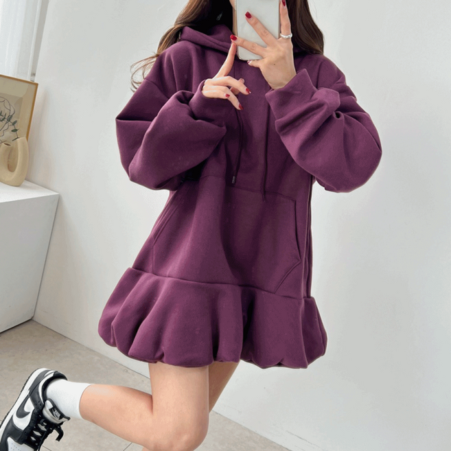 기모 호박 벌룬 캐주얼 캥거루 포켓 후드 미니 원피스 3color