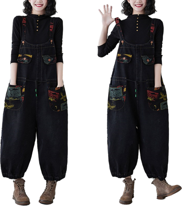 YI MING 여성 9부청바지 점프수트 멜빵 와이드 루즈핏 봄 가을 빅사이즈 멜빵청바지 F148