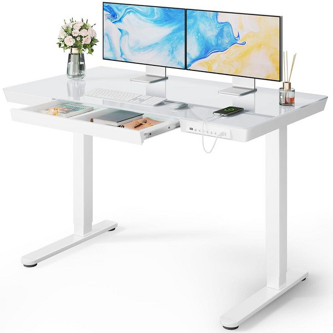 Marsail 서랍이 있는 유리 스탠딩 데스크 121.9 x 61cm(48 24인치) 전기 일체형 테이블 탑 및 USB 충전 포트가 높이 조절 가능한 책상 가정 사무실용 수, Marsail 서랍이 있는 유리 스탠딩 데스크, 121