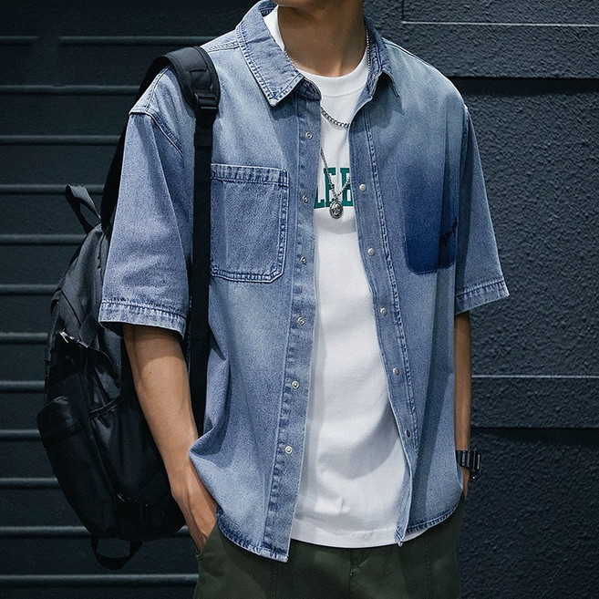 【日系漸變潮】牛仔襯衫 短袖襯衫 男襯衫 潮牌襯衫 寬鬆襯衫 五分袖 漸變水洗 慵懶風 夏季薄款 大碼男裝