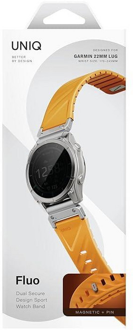 UNIQ FLUO Garmin 워치 밴드 22mm - 탈착식 커넥터가 있는 마그네틱 실리콘 스트랩 Garmin 스마트워치에 맞게 안전하고 조절 가능한 핏 - 페일 오렌지