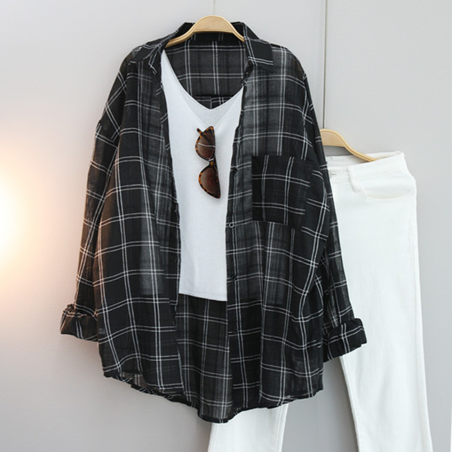 달콩 아사썸머체크롱셔츠 빅사이즈 오버핏 카라셔츠 남방 긴팔 체형커버 데일리룩 자외선차단