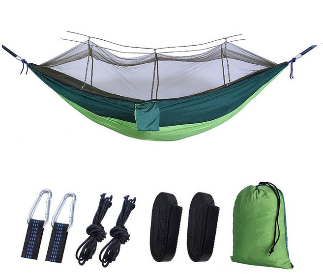戶外露營 蚊帳吊床 250KG承重 尼龍吊床附蚊帳, 260*140CM（果绿拼墨绿）