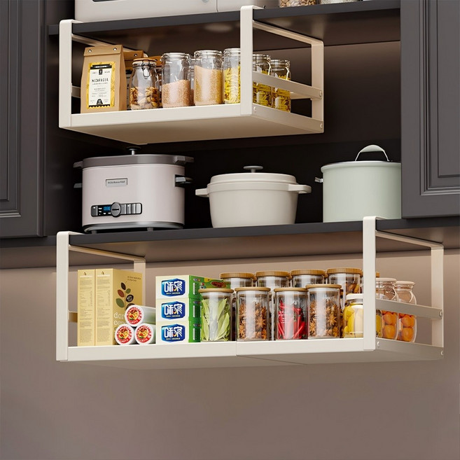 주방 다용도 무타공 확장형 길이조절 수납 언더 선반 양념통 정리대, 1개, 화이트