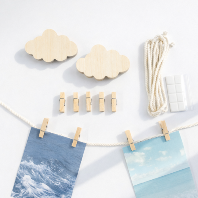 베짓 자작나무 못 없이 설치하는 벽사진걸이 포토행거 세트, 구름