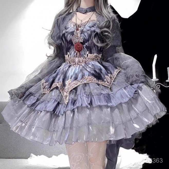 Yellwell고딕 로리타 레이스 드레스 빈티지 펑크 스타일 긴 소매 케이크 스커트 할로윈 코스튬 여름 패션 원피스LST