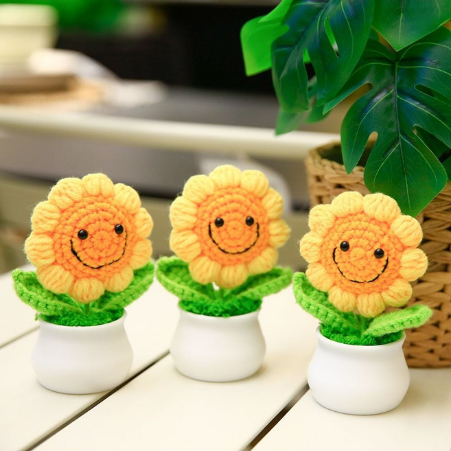 스마일 해바라기 손 뜨개 꽃 화분 인형 니트 손뜨개 오픈 개업 카페 집들이 선물 bob+502Pv, 1