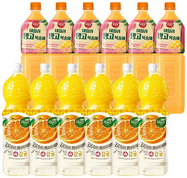 웅진 자연은 감귤 + 해태htb 과일촌 데일리 망고복숭아 주스 (1.5 PET 혼합 각각 6개씩), 12개, 1.5L