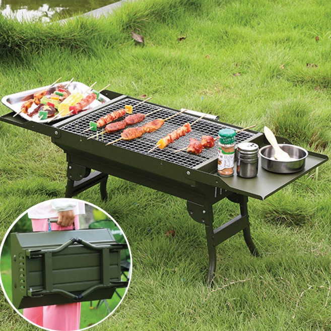 캠핑용 그린 실버 바베큐그릴 접이식 숯불 화로대 휴대용, 1개