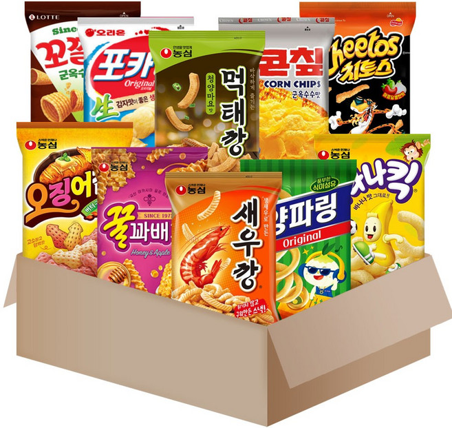 [메리박스] 농심 스낵세트 10종5호(먹태깡+새우깡+꿀꽈배기+오징어집+양파링+포카칩오리지널+꼬깔콘군옥수수+치토스매콤달콤+바나나킥+콘칩), 1세트, 스낵10종5호