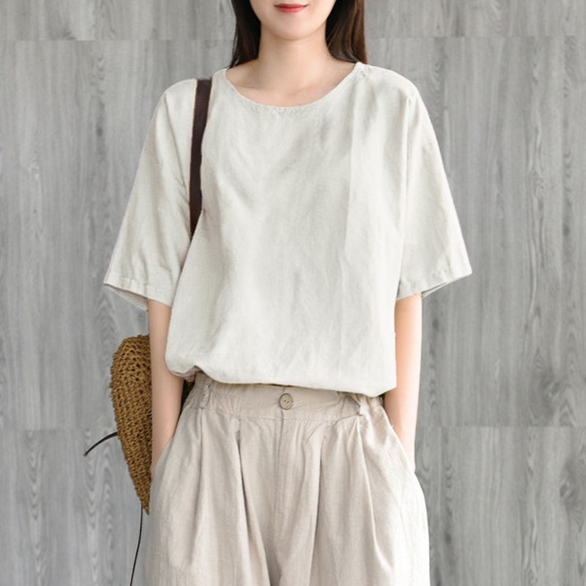 메인워크 중년 여성 빅사이즈 라운드넥 린넨 반팔 티 여름 엄마룩 면 마 루즈핏 통근 캐주얼 빈티지 데일리 아우터 상의