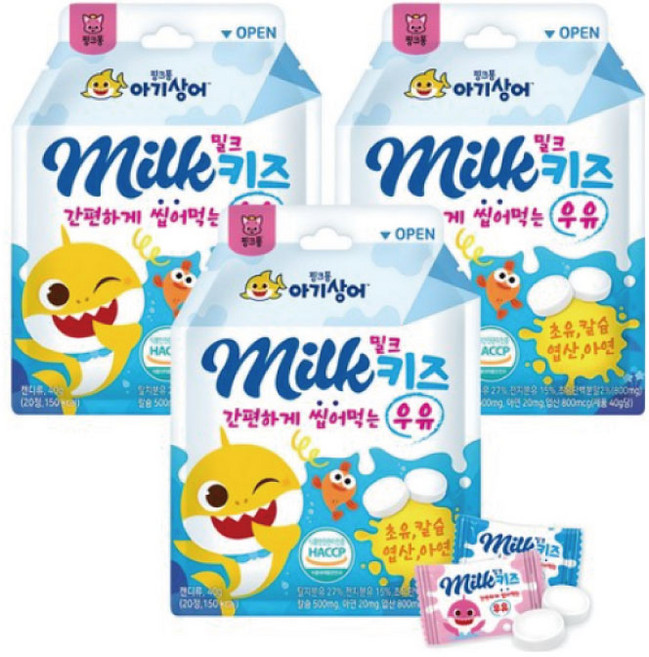핑크퐁 아기상어 밀크키즈 칼슘캔디 20p, 40g, 3개