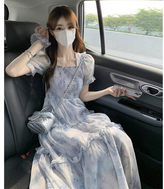 프렌치 여성 여름 반팔 원피스 슬림핏 스퀘어넥 쉬폰 원피스 캐주얼 날씬해 보이는 치마 ZZQ