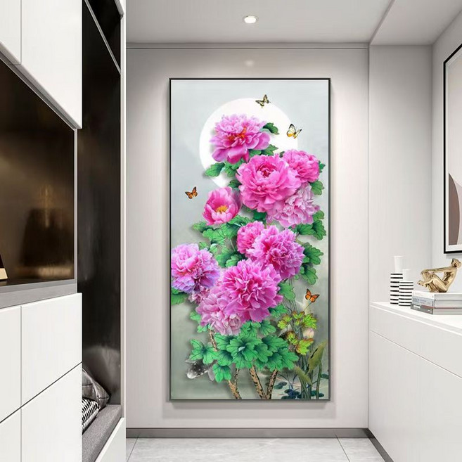 보석십자수 DIY 풍수 재물 부귀 행복 활짝핀 모란꽃 목단꽃 (캔버스아님 액자불포함) 50x90cm, 1개