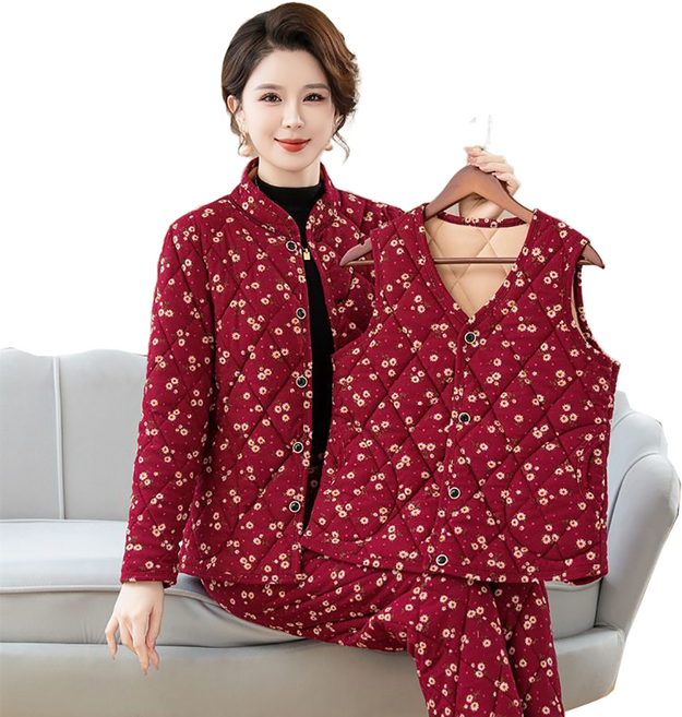 셀럽당쓰리피스 중장년 여성 패딩 점퍼 겨울 엄마 기모꽃무늬 세트 패딩 바지