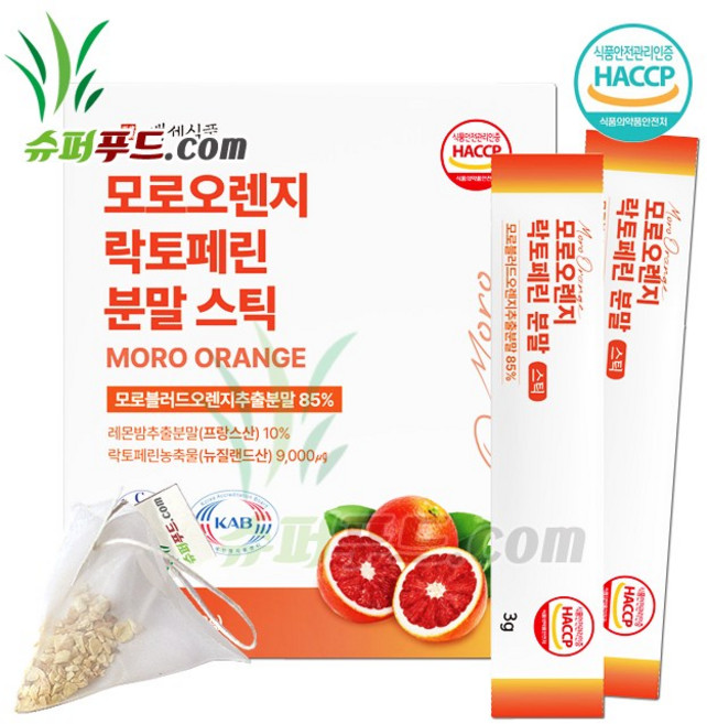모로오렌지 락토페린 HACCP 식약처인증 레몬밤 안토시아닌 헤스페리딘 베타카로틴 비타민 로즈마린산 미네랄 스트로넬랄 유제놀 타닌 모로오렌지락토페린 분말스틱+슈퍼푸드.com연자육티백, 1세트, 91g