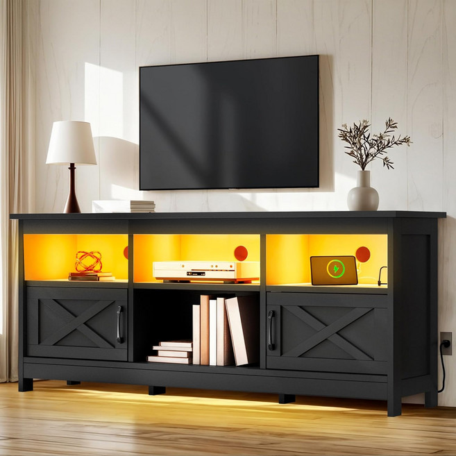 65인치 TV용 YITAHOME TV 스탠드 수납장이 있는 엔터테인먼트 센터 전원 콘센트 및 LED 조명 거실용 헛간 문이 미디어 콘솔 블랙, White + Walnut, 59"