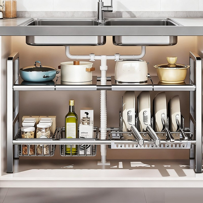 Eyimtech 스테인리스 싱크대 정리 선반 확장형 싱크인 주방선반, 1개