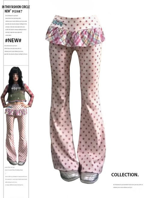 2025 가을 겨울 여성 Y2k 롱 트라우저 페이크 투피스 2000년대 K팝 패션 갸루 로우라이즈 플레어 팬츠 스키