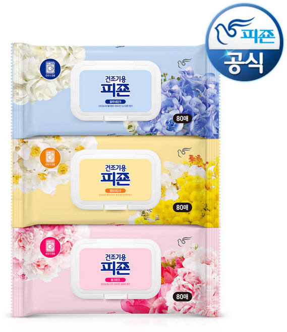 피죤 오리지널 건조기용 섬유유연제시트 핑크+옐로+블루 3종세트, 1세트, 80매