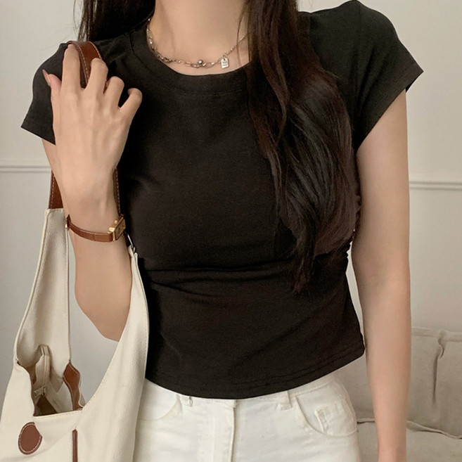 후암마켓 라운드 셔링 여자 반팔 티셔츠 세미크롭 무지 반팔티