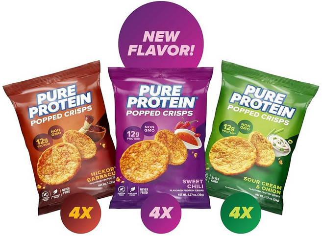 Pure Protein 퓨어 프로틴 Popped Crisps 사워 크림 양파 고단백질 스낵 12G 단백질 36g1.3온스 12개입 158553, 3가지 맛 버라이어티 팩