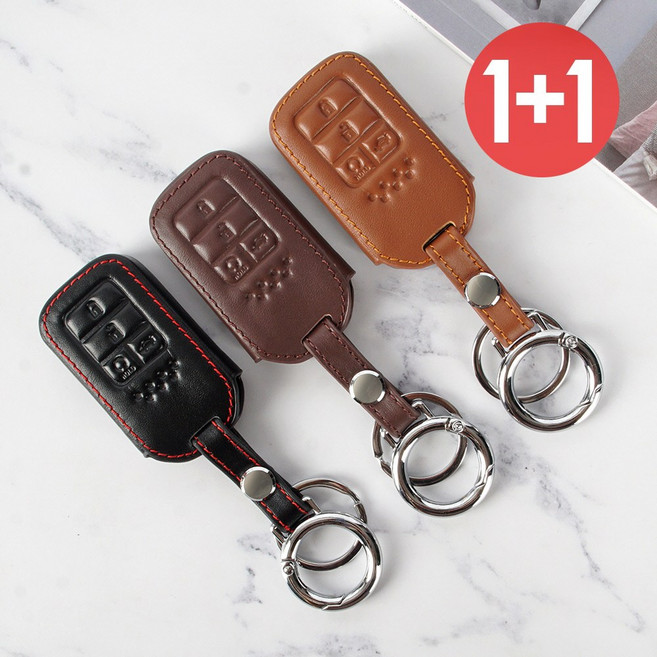 바이어블 1+1 혼다 4버튼 스마트키 천연 소가죽 키케이스 어코드 CR-V 파일럿 HR-V 시빅, 브라운+브라운