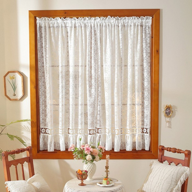 法式蕾絲花邊半遮光窗簾 朦朧唯美柔和光線 小清新風格, 月紗-花夢白（含20cm水溶邊+同款0,平鋪尺寸寬140高200cm（單片穿3