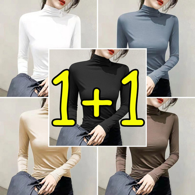 MOSAIRATION 1+1세트여성 양면 더솜 반하이넥 기모안감 도톰한 슬림핏 이너 레이어드 긴팔 티셔츠 B05111905