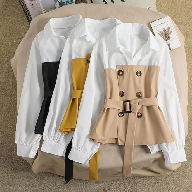 ROYALBELLE 여성 카라넥 배색 불규칙 디자인 슬림 허리라인 긴팔 셔츠 D01013013