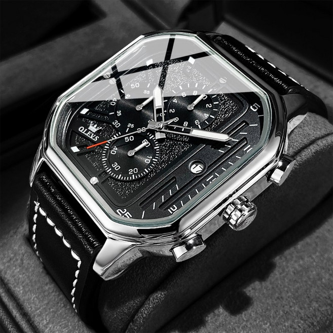 OLEVS 남성 시계 가죽 럭셔리 명품 다기능 방수 야광 다기능 석영 남자손목시계