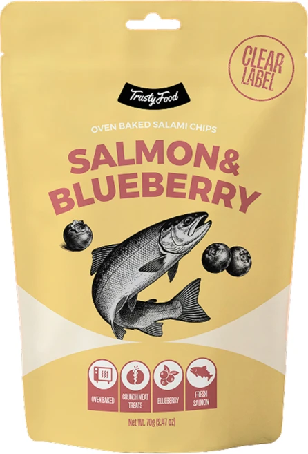 트러스티푸드 강아지 살라미 칩 95% 생육 오븐구이 저속노화 무첨가 육포 간식, 1개, 70g, 살몬&블루베리 - 쿠팡