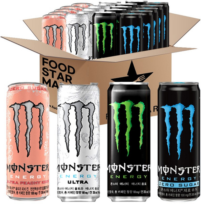 [푸드스타] 몬스터 355ml (울트라 그린 제로슈가 피치킨) 각 6입 총 24입, 24개