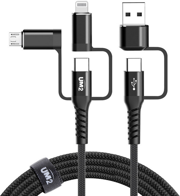 유엠투 UMCA-6in1-60W MFi 멀티 PD 초고속 충전 데이타 케이블 USB C타입 5핀 8핀, 1.2m, 블랙, 1개
