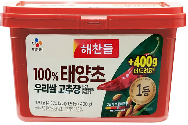 해찬들 100% 태양초 우리쌀 고추장, 1.9kg, 6개
