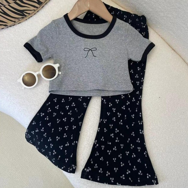 [앙디] O상하복 슬랙스리본 (OC208) / (라운드 반팔티 + 아이스 나팔바지)_(아동복 여아용의류 상하세트 크롭티 시원한상하복 여름상하복)