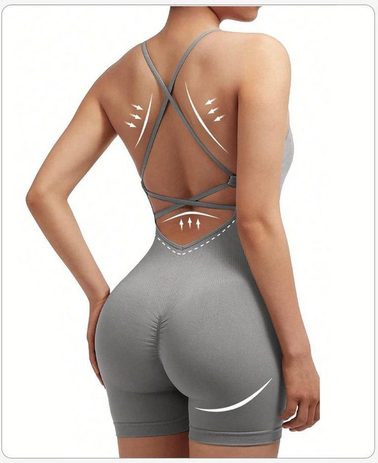 피트니스 요가복 필라테스복 바디수트 전신 여성용, 그레이, M (가슴패드 탈부착가능)